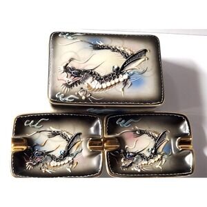 Vintage Cigarette Box With 2 Ashtrays Moriage Dragonware Japan Porcelain